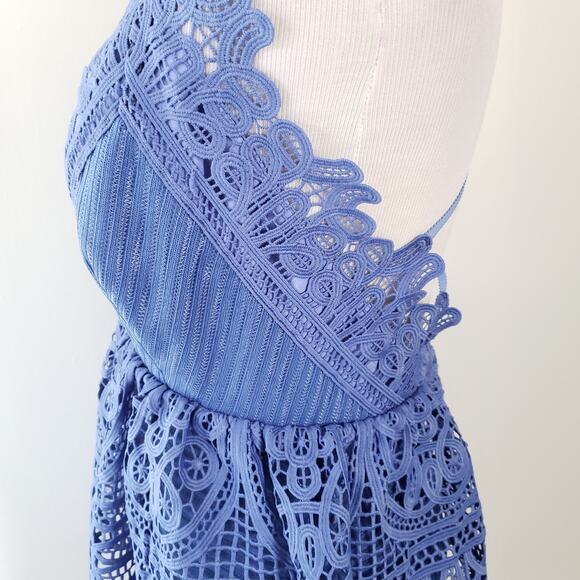 NEW self-portrait Lace Peplum Dress Blue Plunging Neck Revolve Women 2 - Picture 6 of 15
